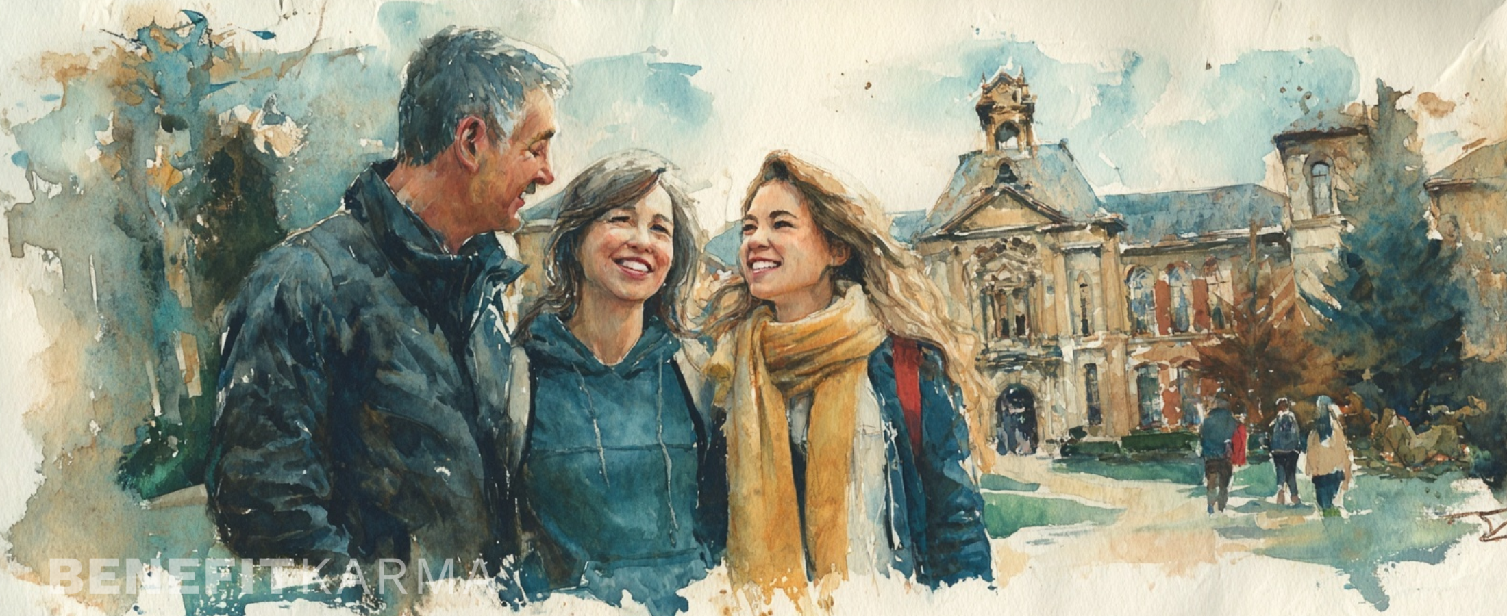 A watercolor painting of a family smiling on a college campus.