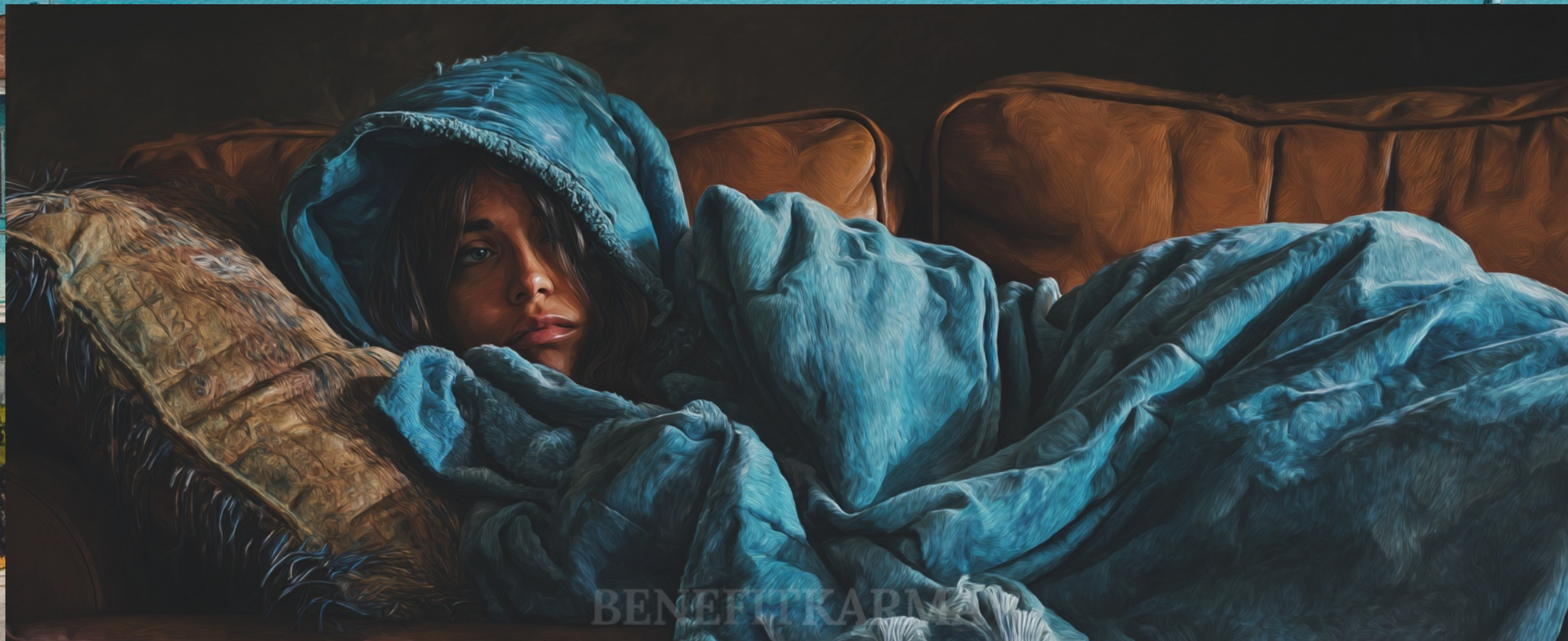 A person with dark hair, wrapped in a blue blanket, lies on a brown couch.