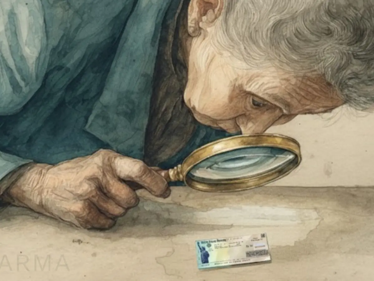An elderly woman looks at a tiny Social Security check through a magnifying glass on her table.
