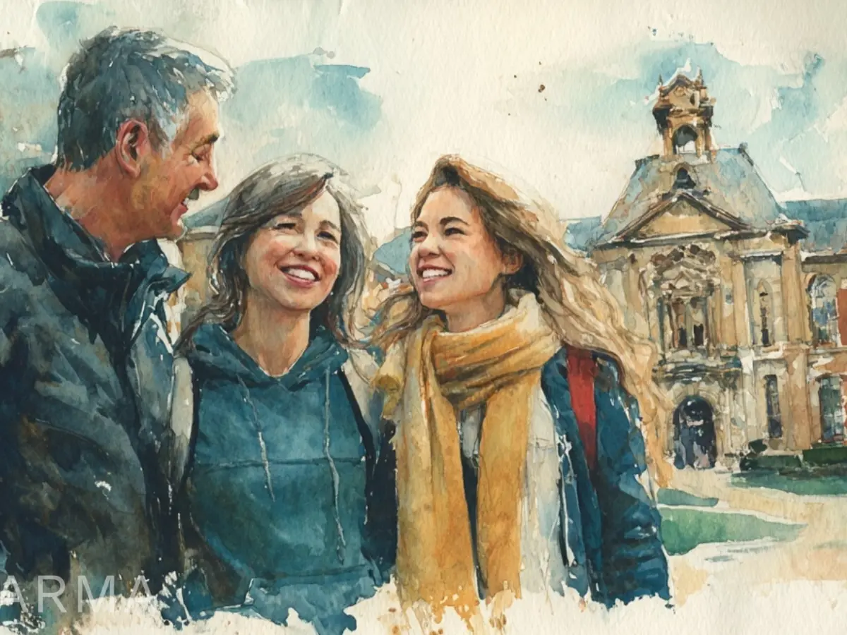 A watercolor painting of a family smiling on a college campus.