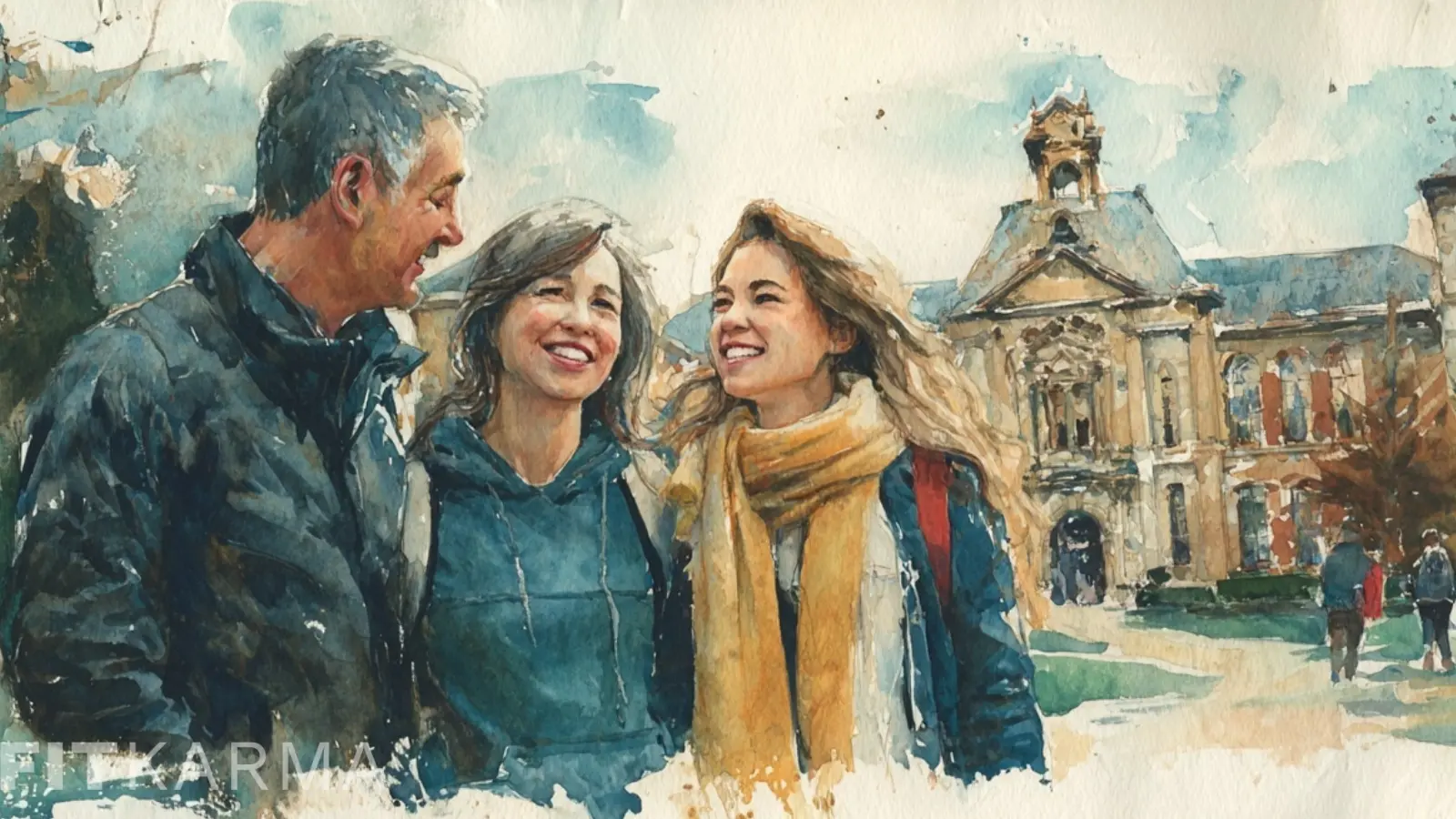 A watercolor painting of a family smiling on a college campus.