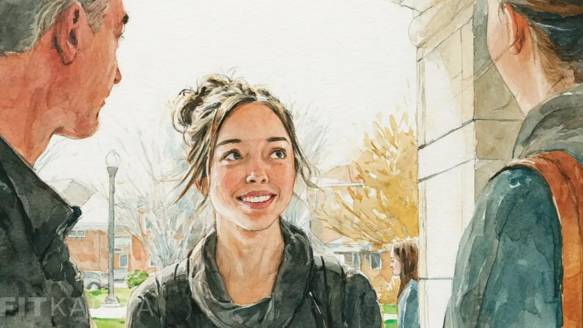 A watercolor painting of a smiling young woman talking to two adults, possibly her parents, outdoors.