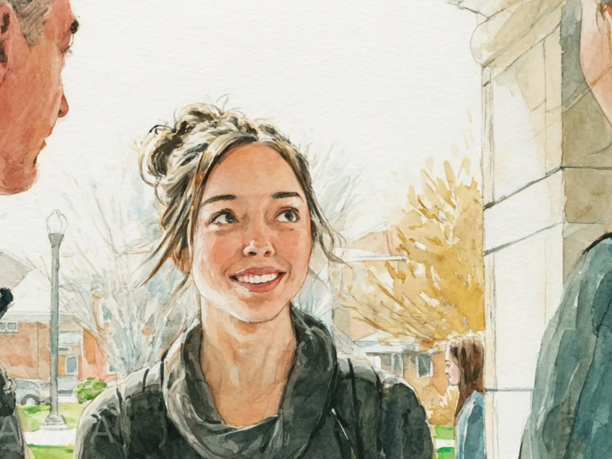 A watercolor painting of a smiling young woman talking to two adults, possibly her parents, outdoors.