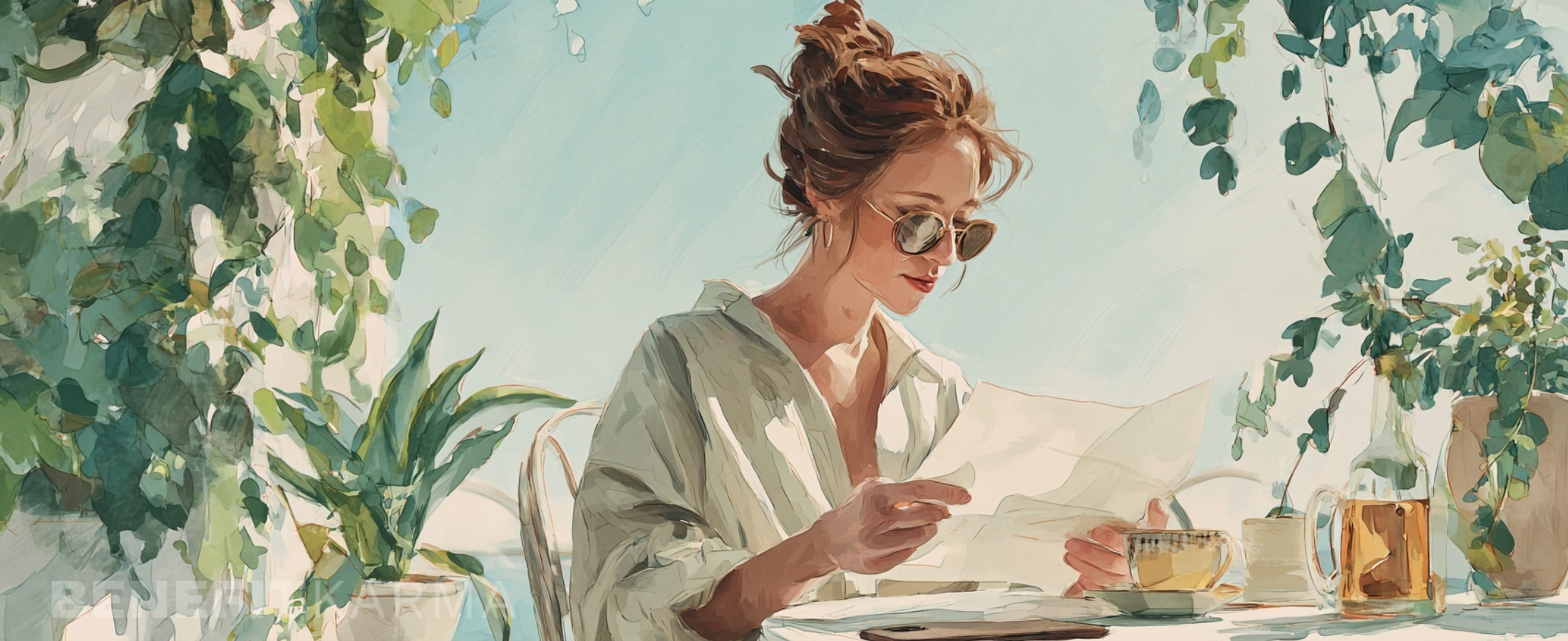 A woman in sunglasses reads a document at an outdoor table with plants and a drink.