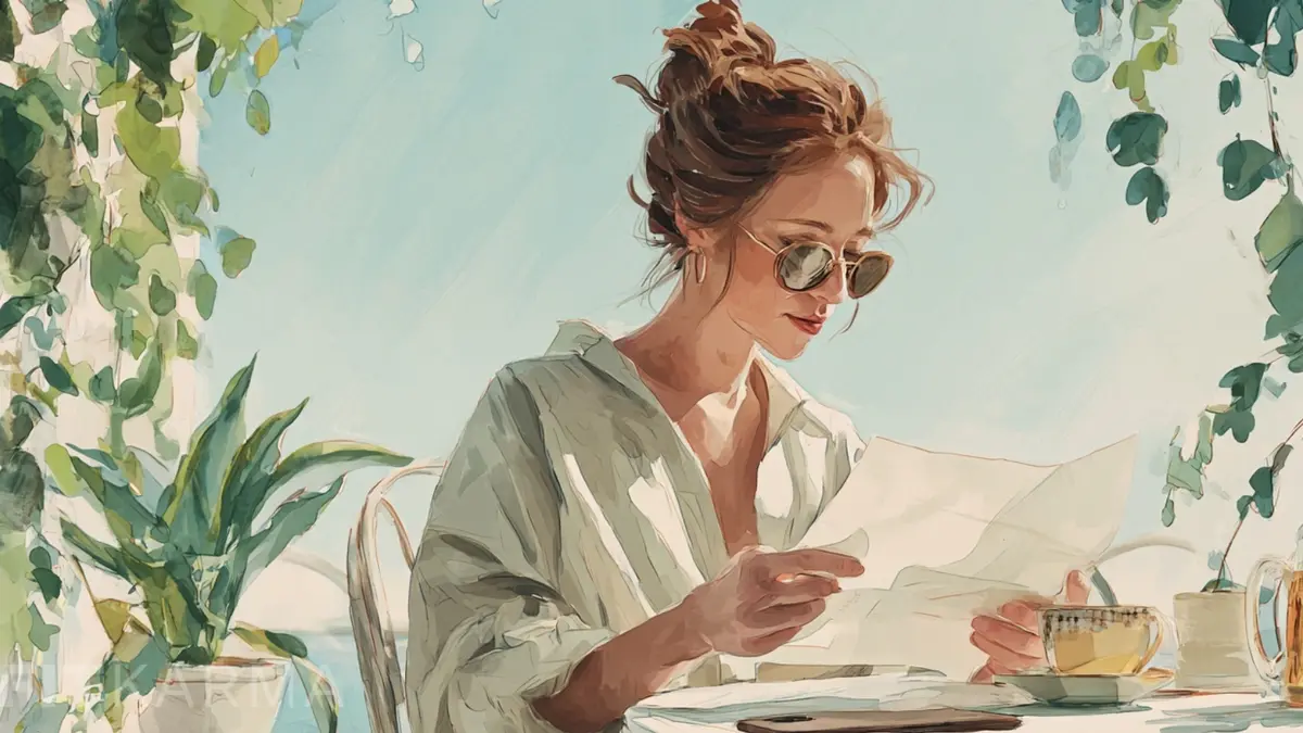 A woman in sunglasses reads a document at an outdoor table with plants and a drink.