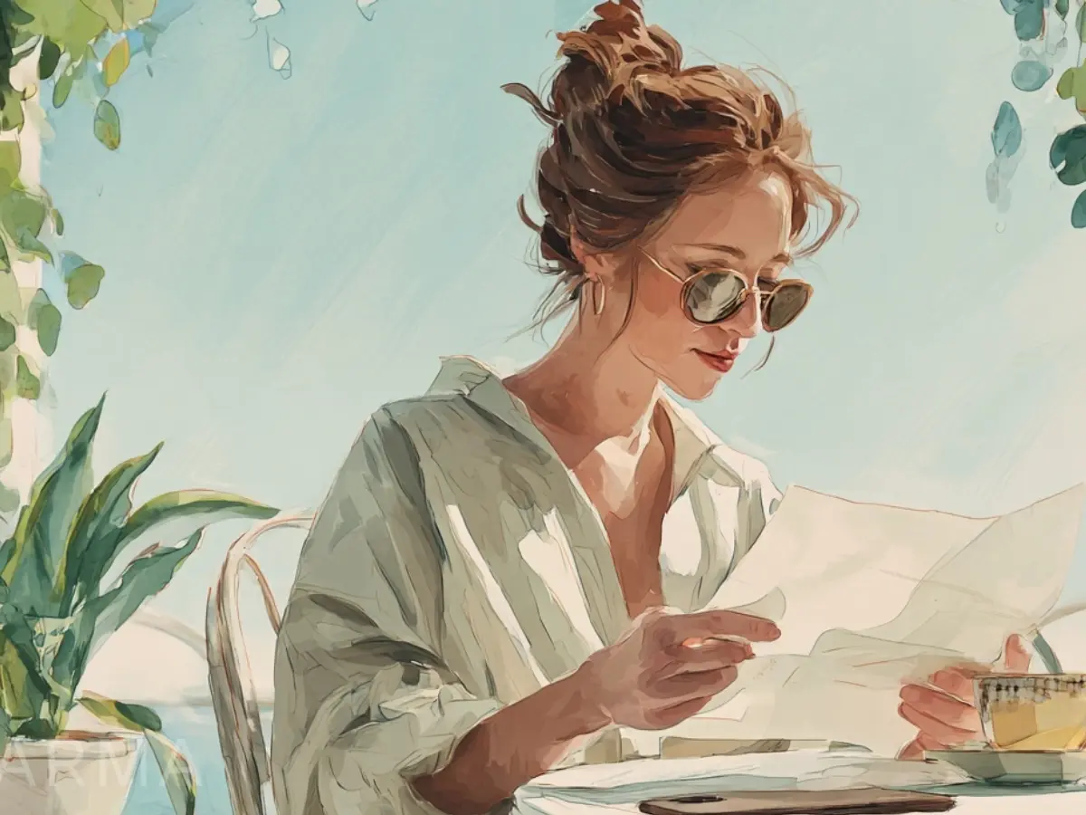 A woman in sunglasses reads a document at an outdoor table with plants and a drink.
