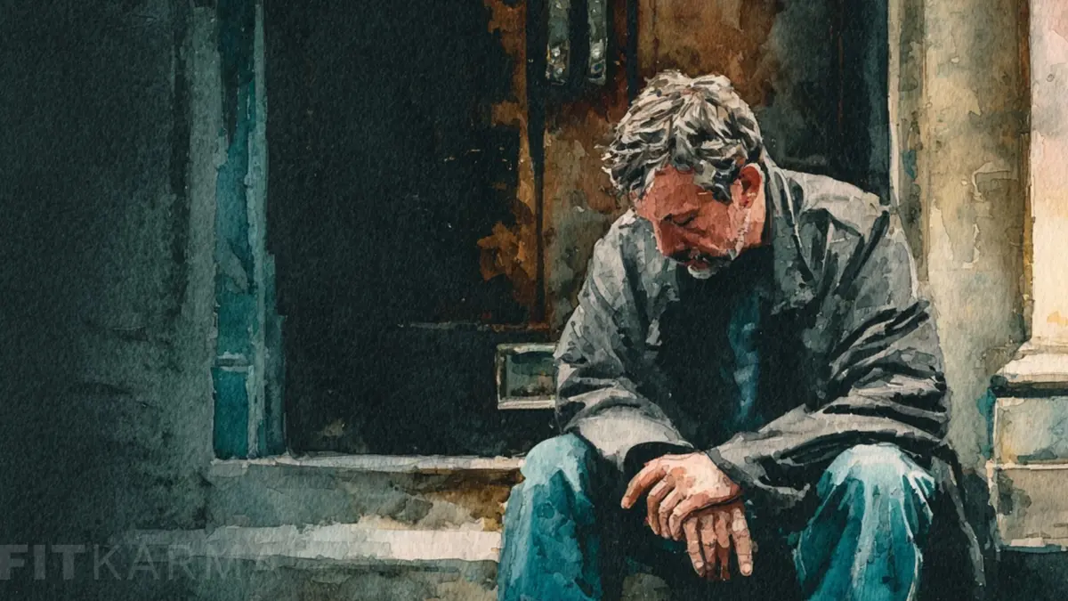 A watercolor painting of a man sitting on steps, looking downcast.