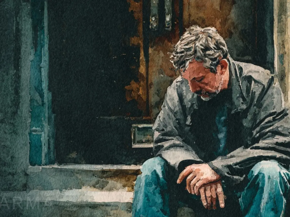 A watercolor painting of a man sitting on steps, looking downcast.