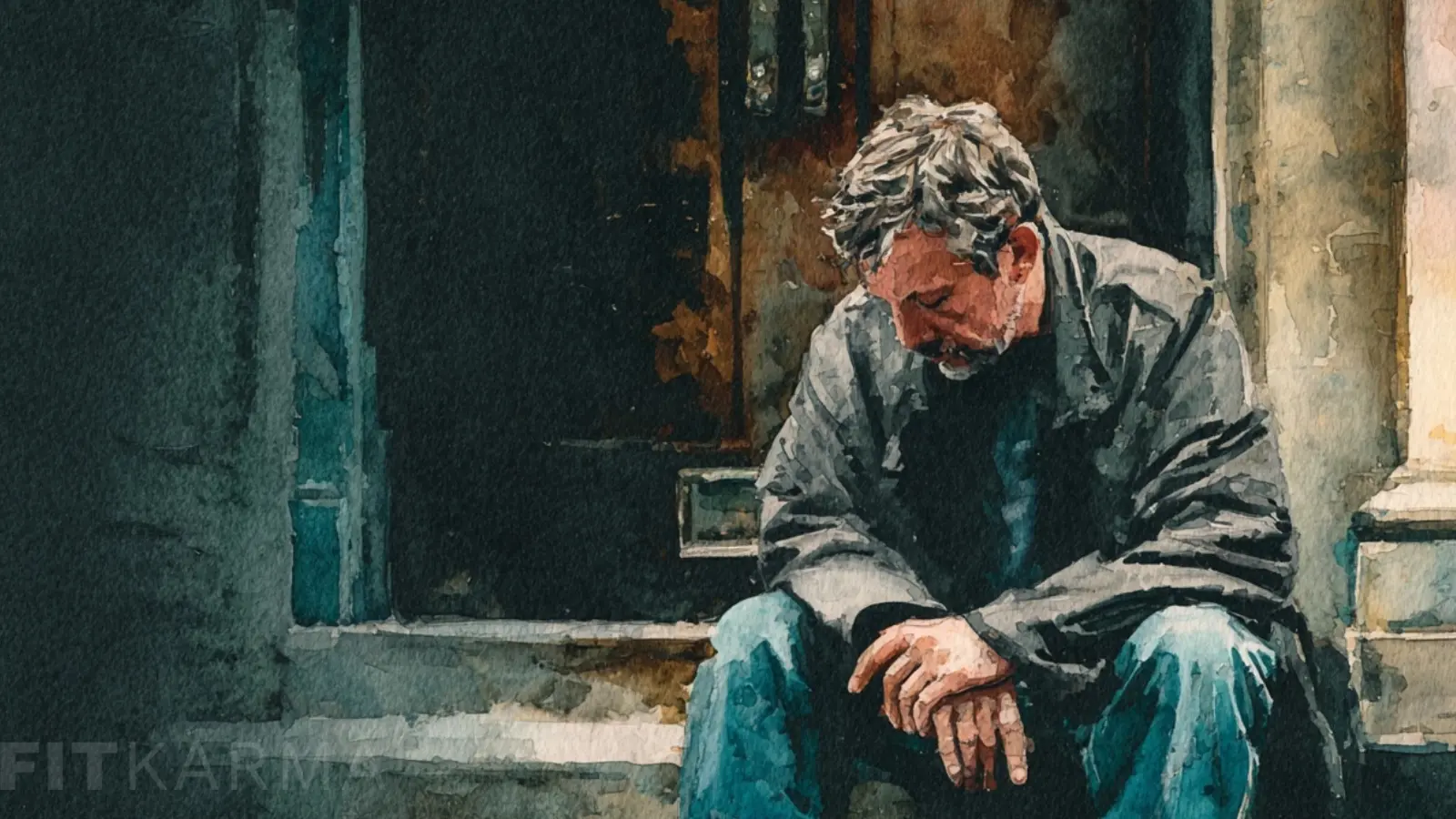 A watercolor painting of a man sitting on steps, looking downcast.