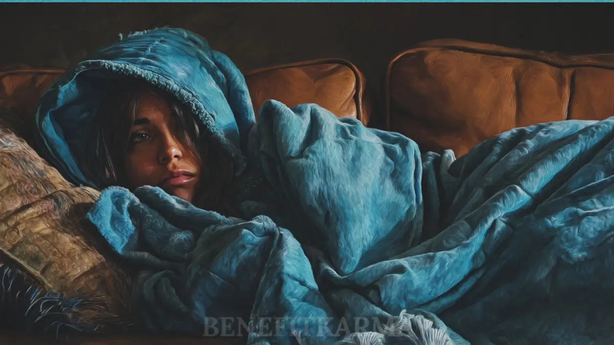 A person with dark hair, wrapped in a blue blanket, lies on a brown couch.
