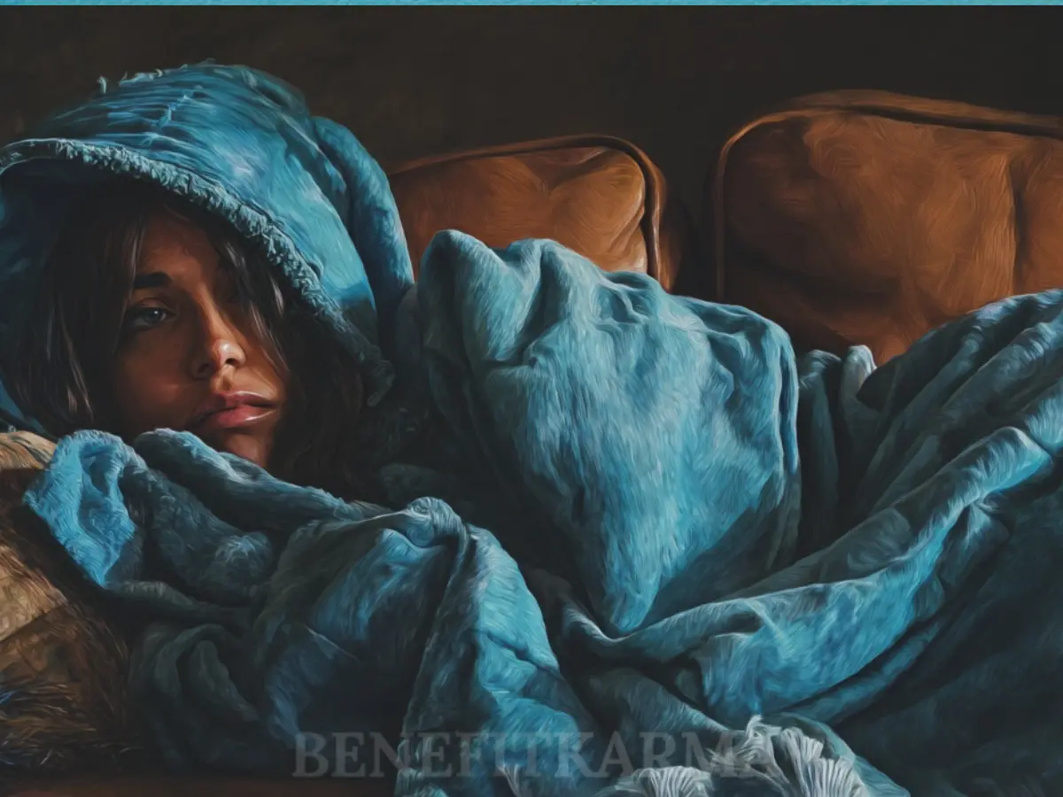 A person with dark hair, wrapped in a blue blanket, lies on a brown couch.