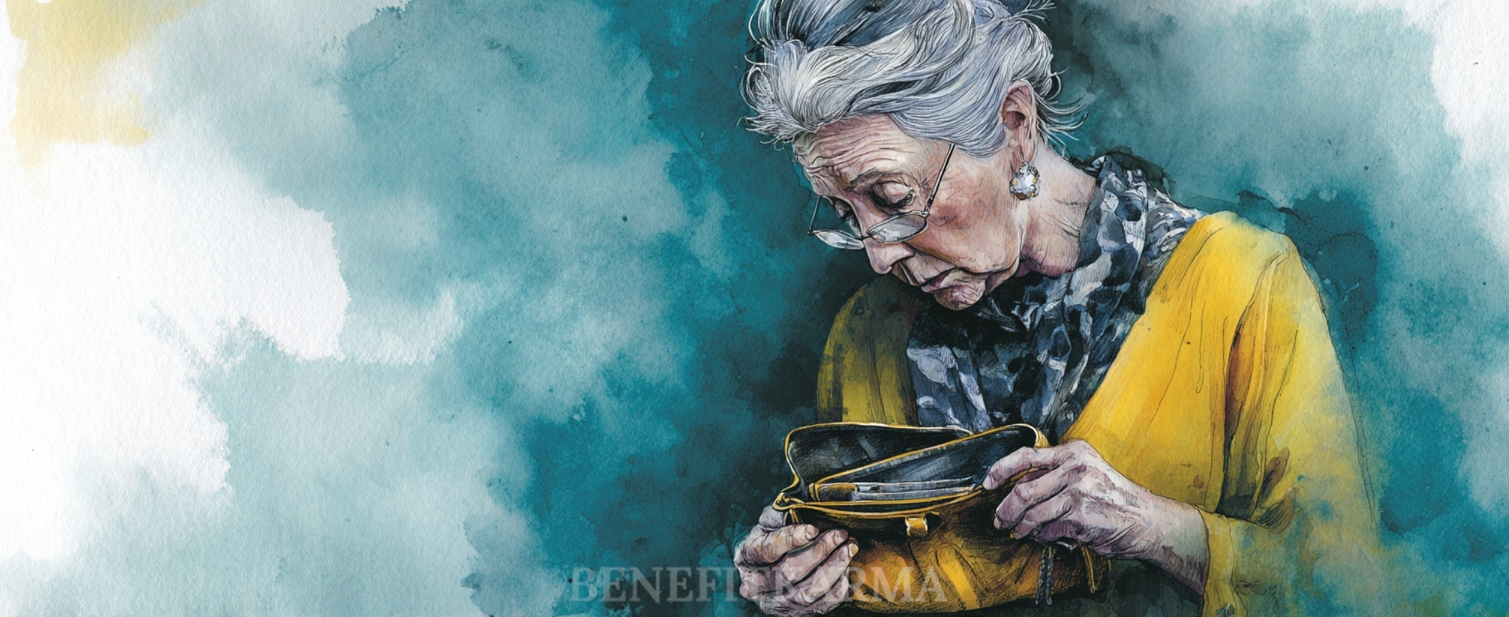 An elderly woman with gray hair and glasses looks into her empty purse.