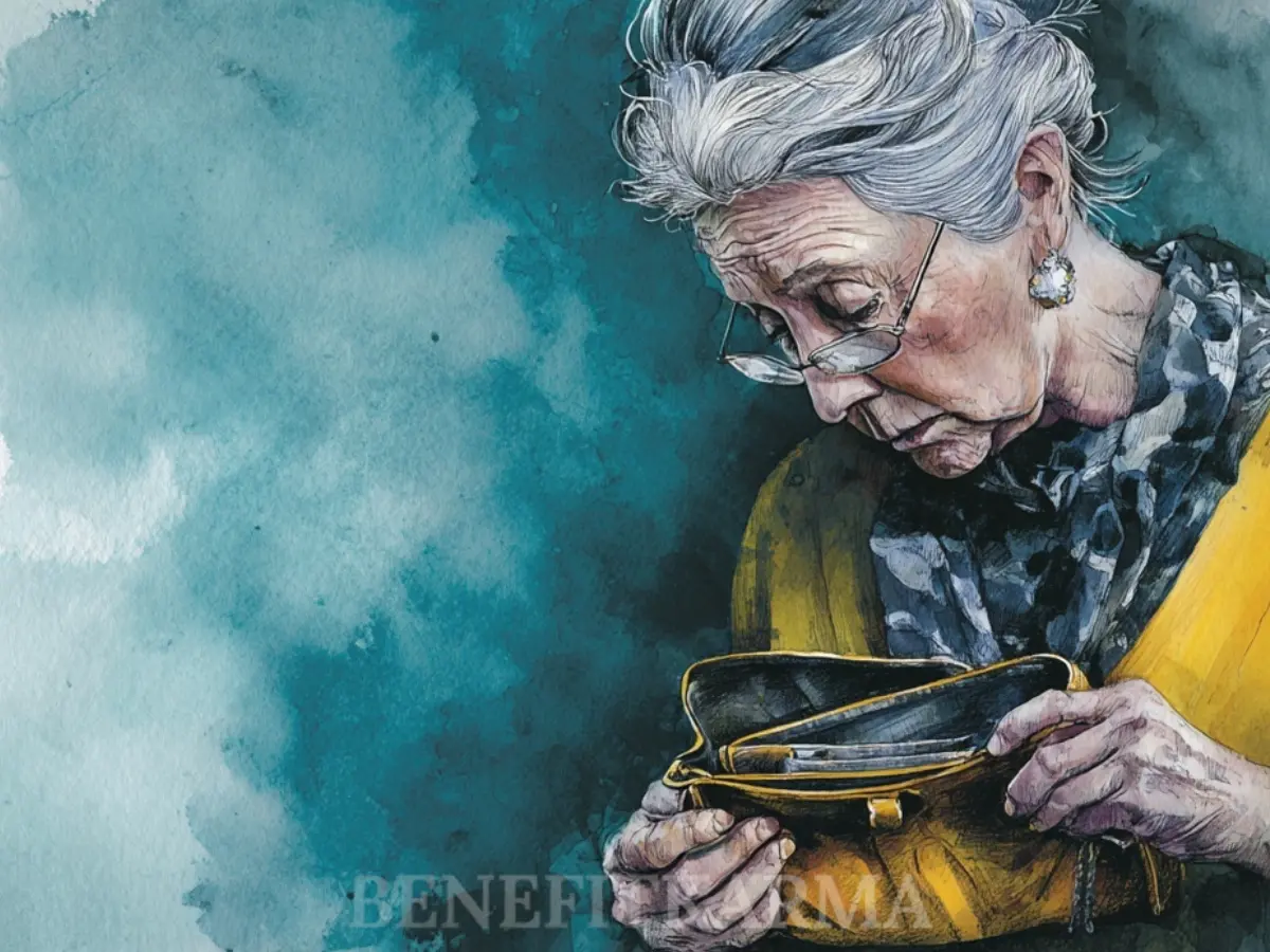 An elderly woman with gray hair and glasses looks into her empty purse.