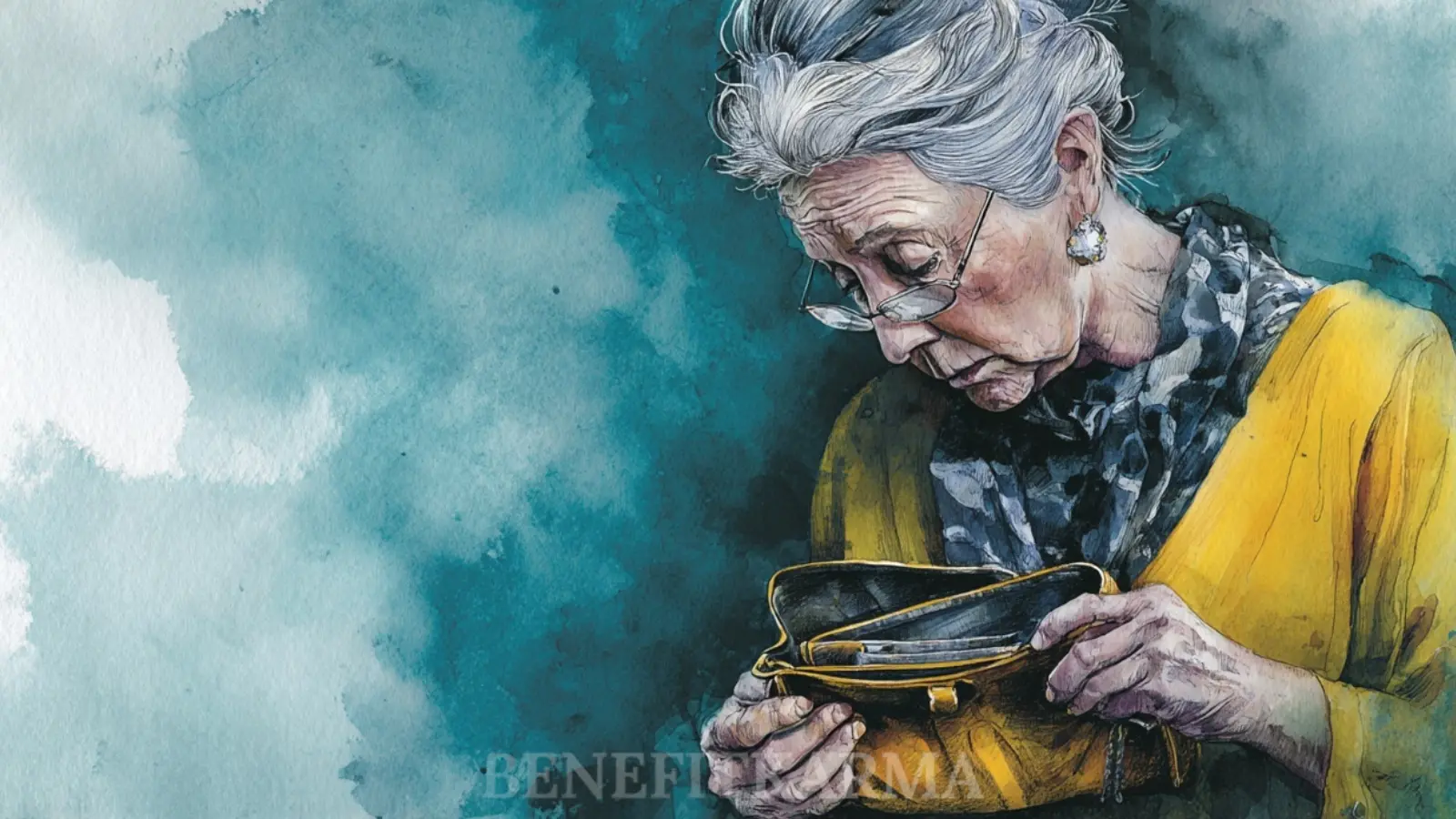 An elderly woman with gray hair and glasses looks into her empty purse.