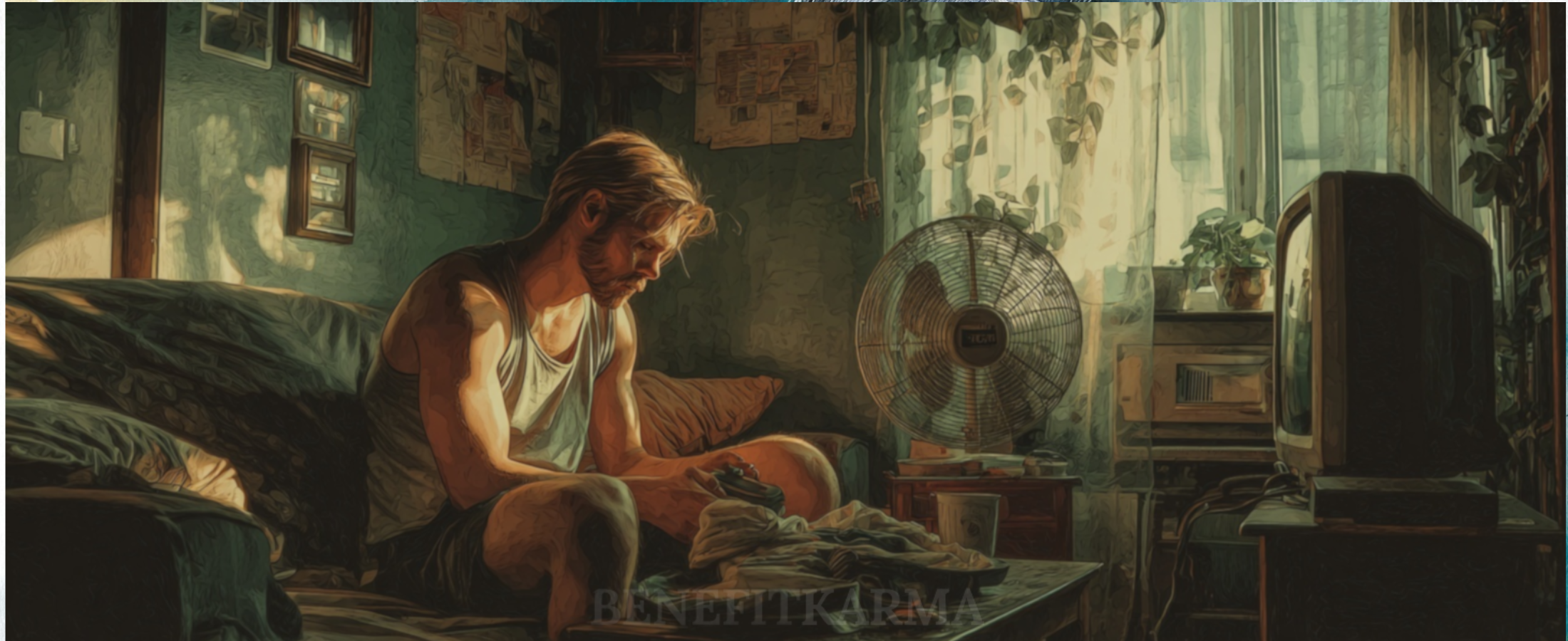 A man sits on a couch in a dimly lit room, looking down at clothes on a table.