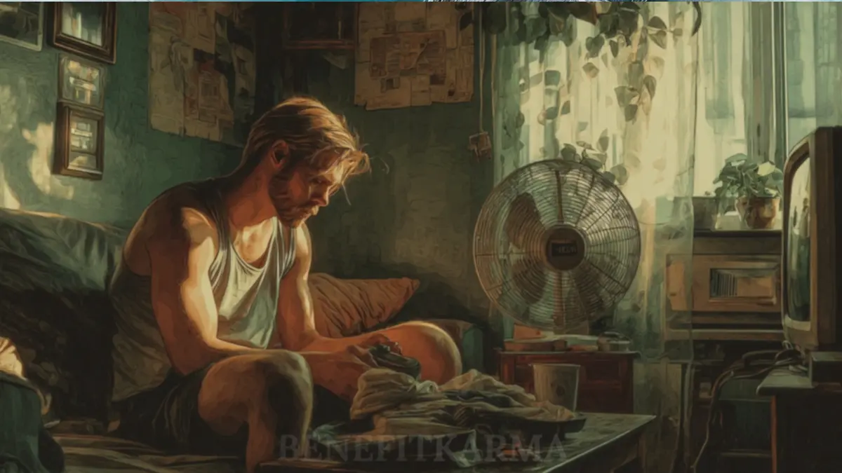 A man sits on a couch in a dimly lit room, looking down at clothes on a table.