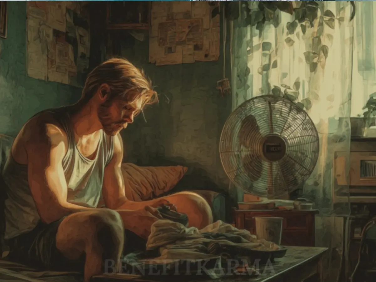 A man sits on a couch in a dimly lit room, looking down at clothes on a table.