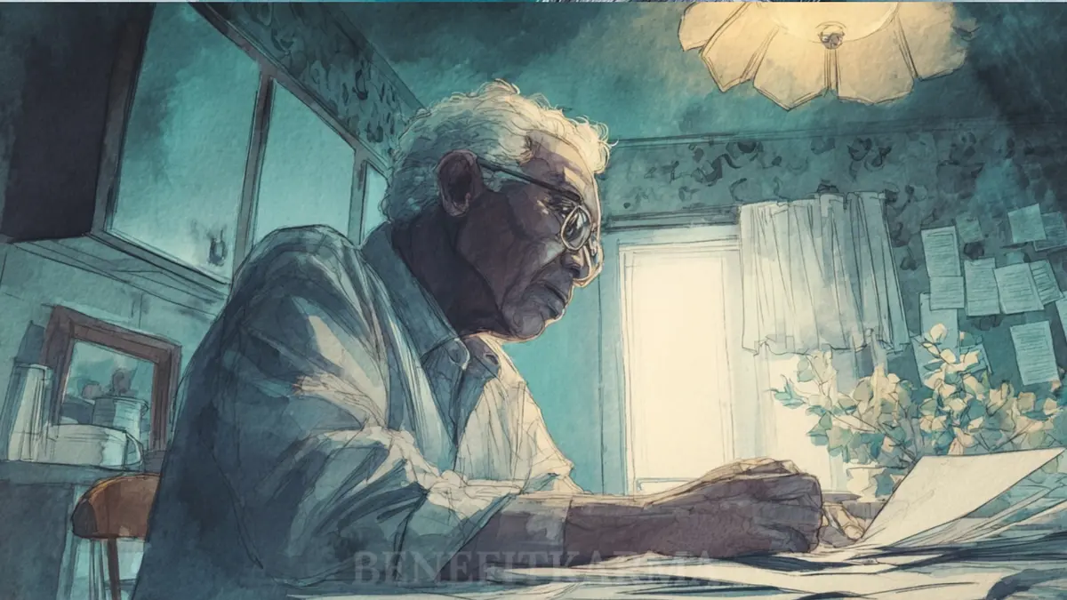 An elderly man with glasses sits at a table covered in papers, looking down intently.