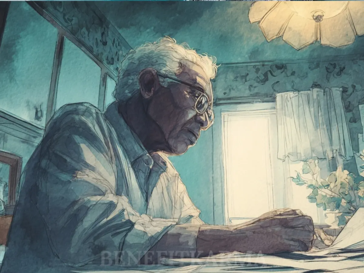 An elderly man with glasses sits at a table covered in papers, looking down intently.