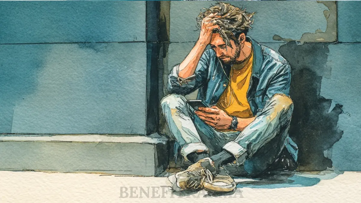 A watercolor painting of a distressed man sitting on the ground, holding his head and looking at his phone.