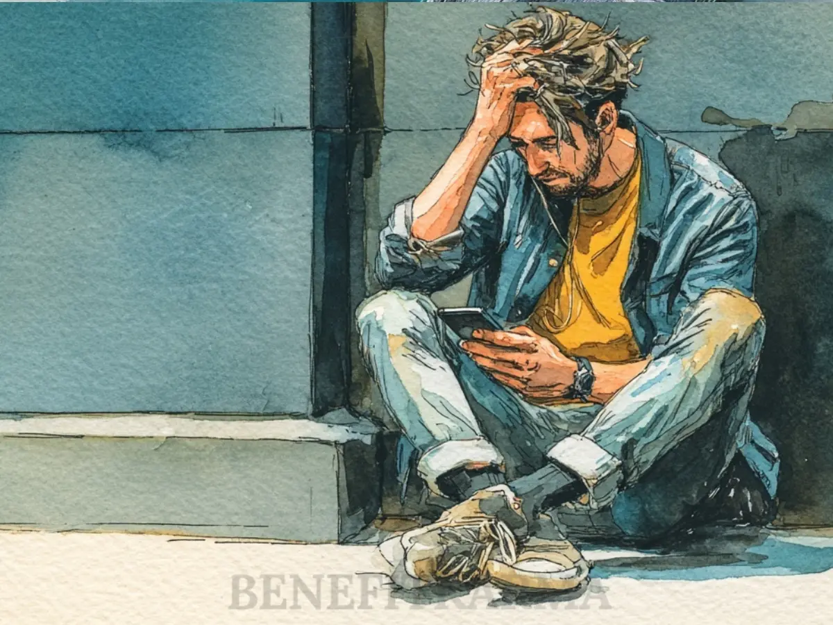 A watercolor painting of a distressed man sitting on the ground, holding his head and looking at his phone.
