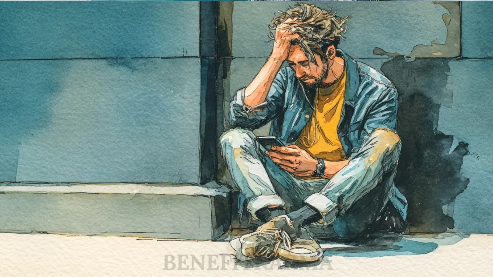 A watercolor painting of a distressed man sitting on the ground, holding his head and looking at his phone.
