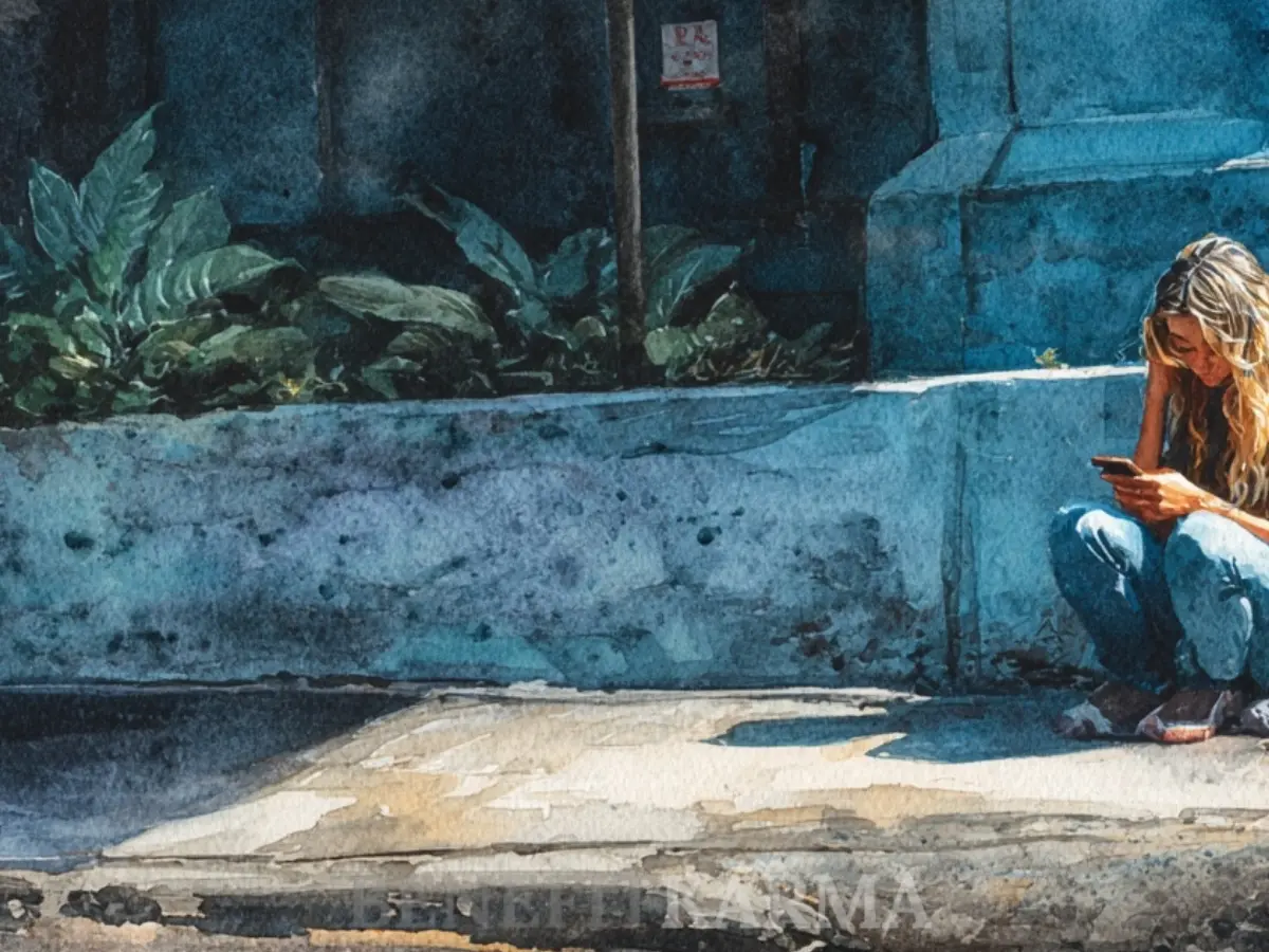A watercolor painting of a woman sitting on a sidewalk, looking at her phone.