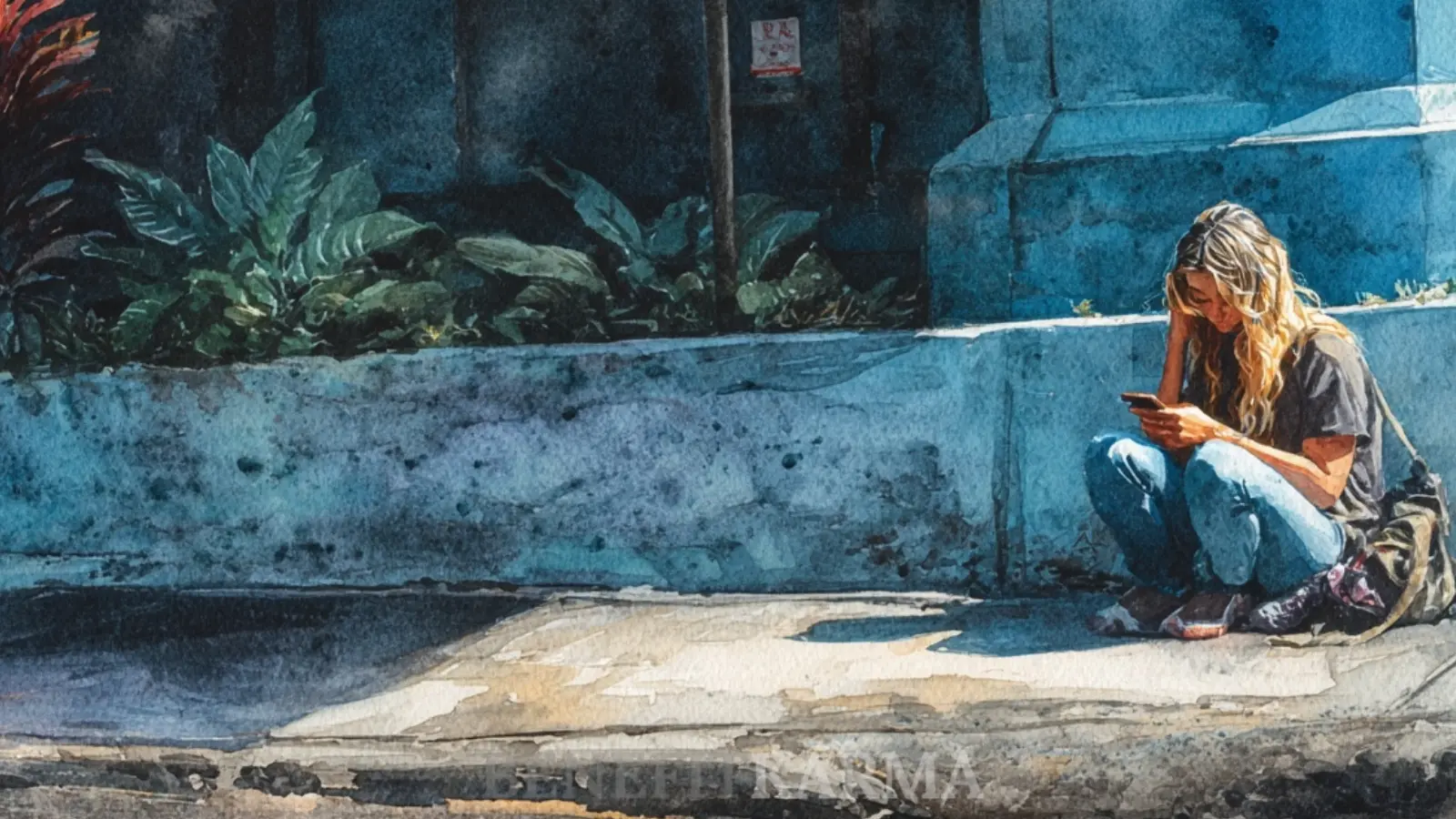 A watercolor painting of a woman sitting on a sidewalk, looking at her phone.