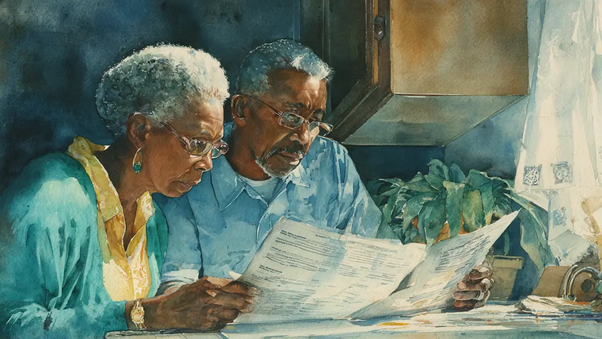Two older adults, a woman and a man, read a document together in a watercolor painting.