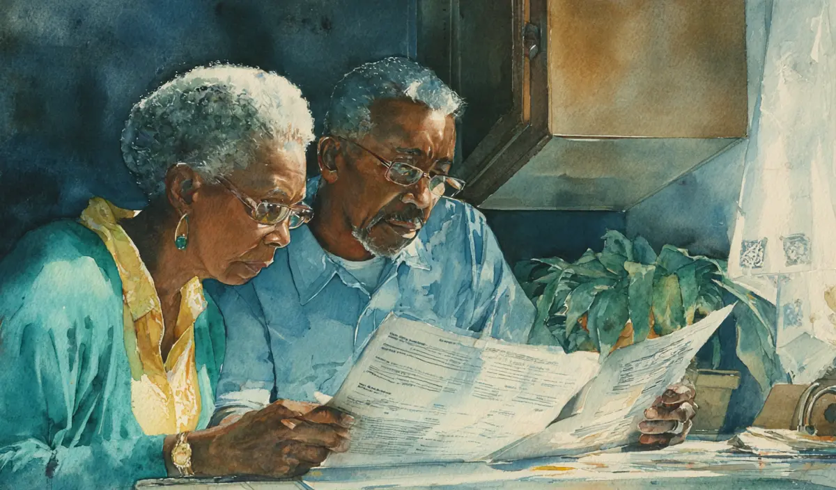 Two older adults, a woman and a man, read a document together in a watercolor painting.