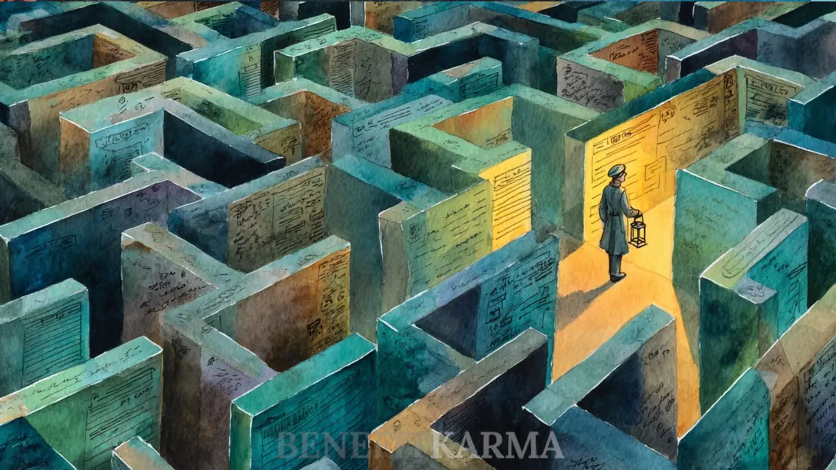 A person in a hat and coat holds a lantern, illuminating a path through a maze of walls covered in writing.
