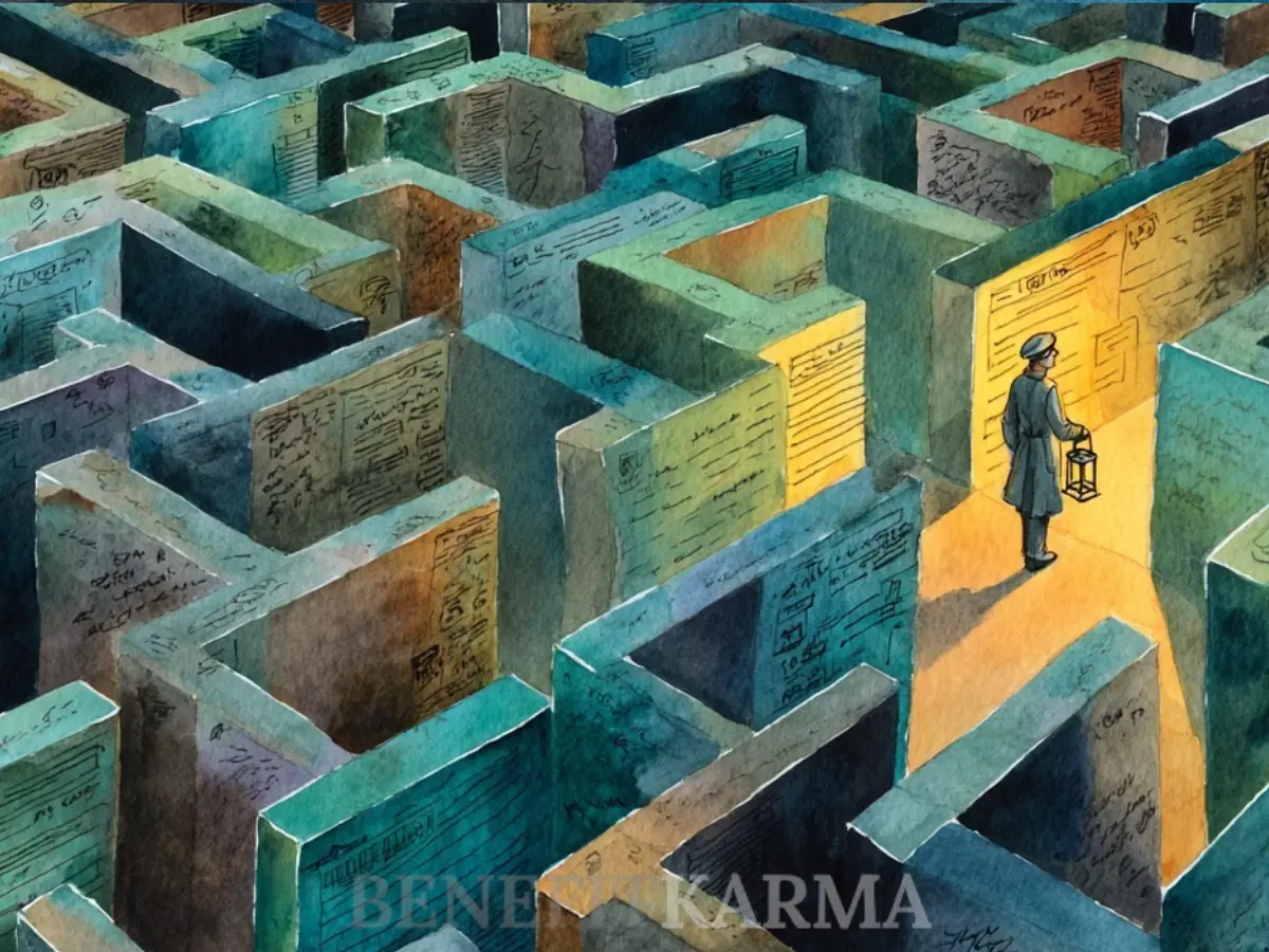 A person in a hat and coat holds a lantern, illuminating a path through a maze of walls covered in writing.