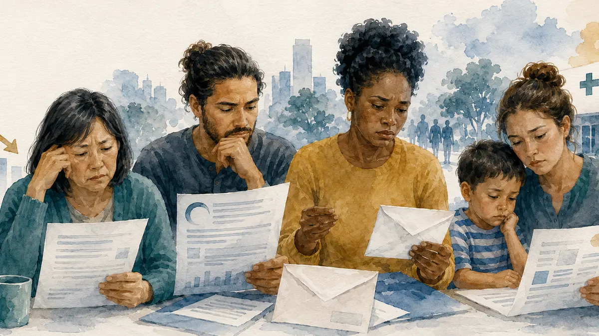 Diverse people look at documents with concern; a downward graph and hospital are in the background.
