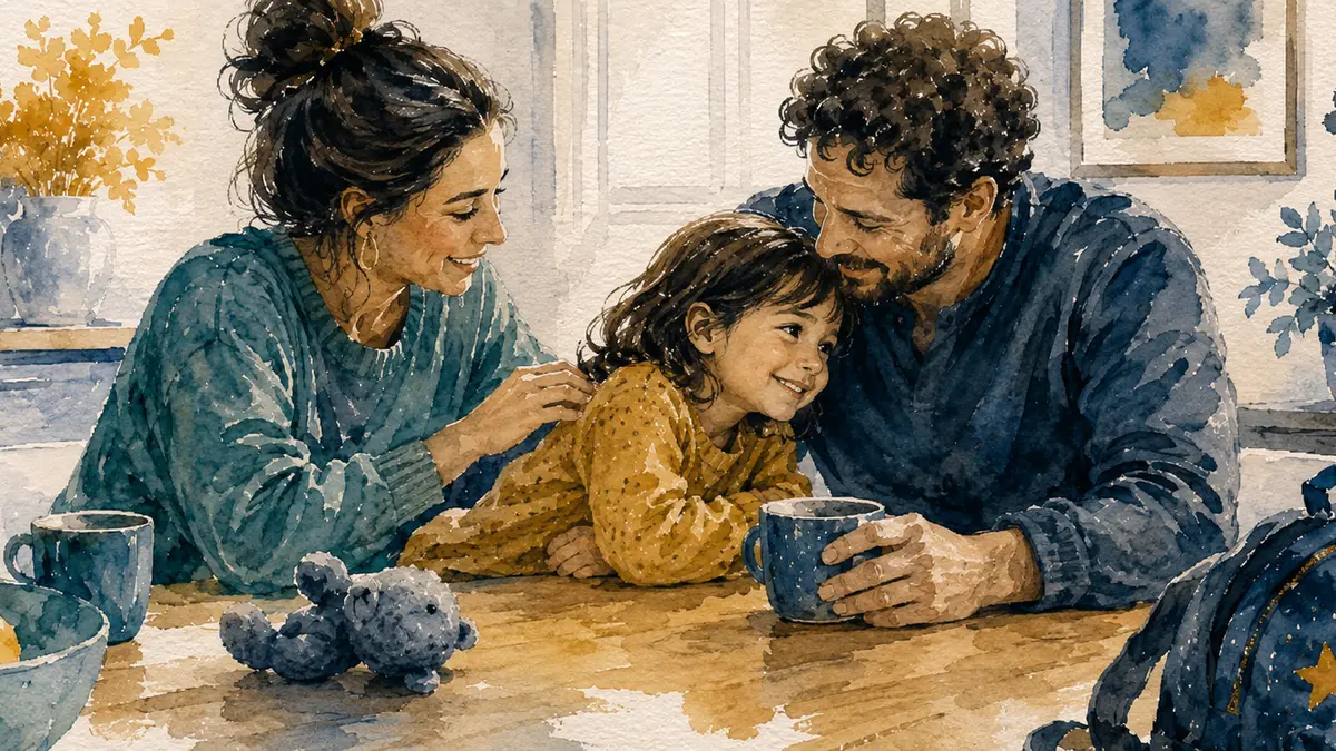 A happy family with two parents and two children smiling and embracing each other, representing a successful adoption.