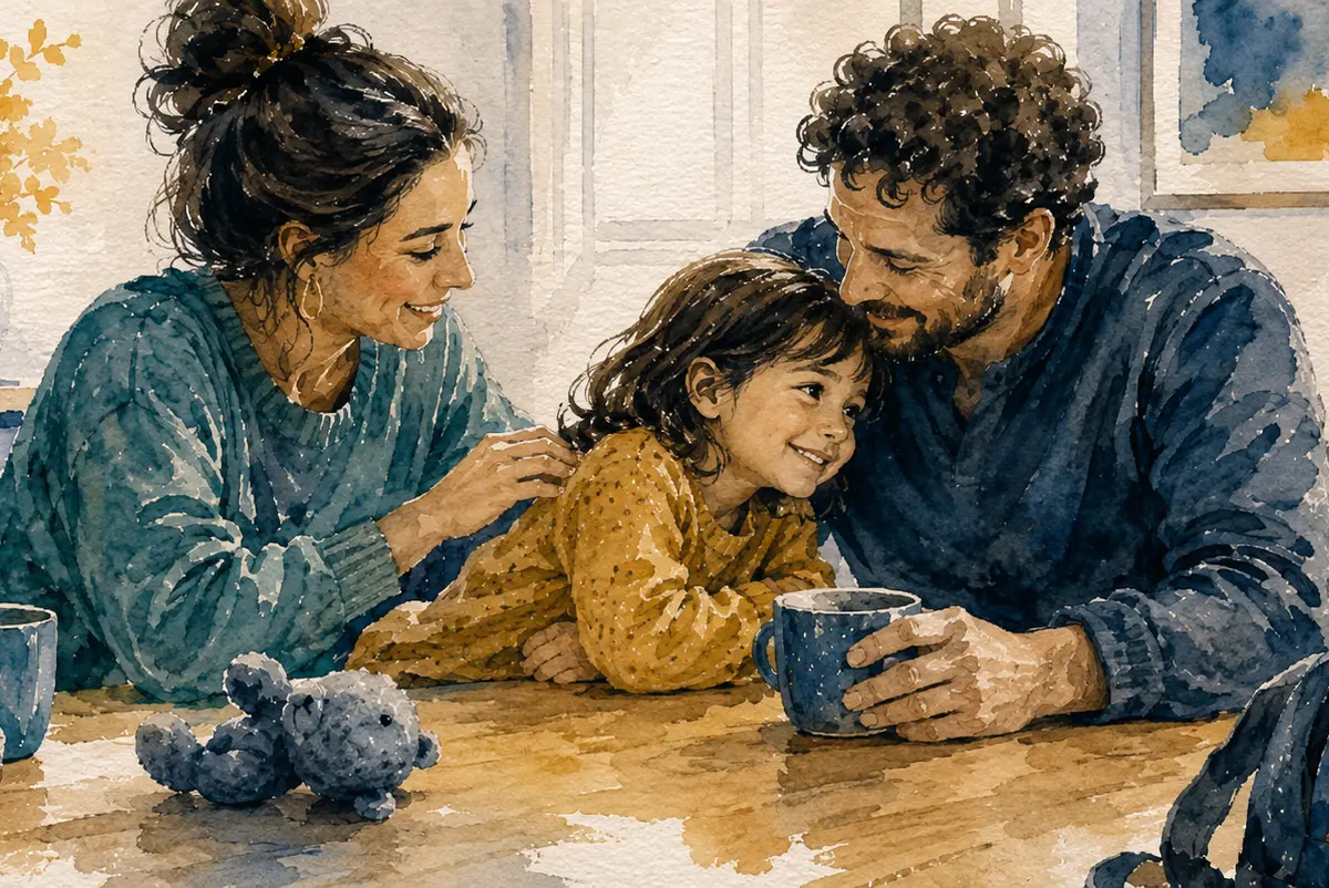 A happy family with two parents and two children smiling and embracing each other, representing a successful adoption.