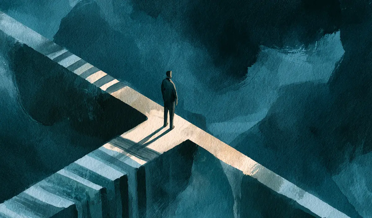 A person stands at a crossroads with two paths, one leading to steps down, against a dark.