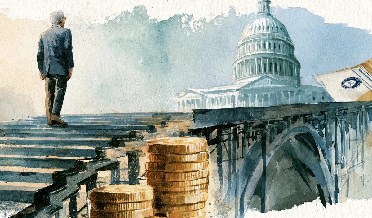 Watercolor of an older person on steps leading to a broken bridge, stacks of coins, the Capitol building, and an envelope.