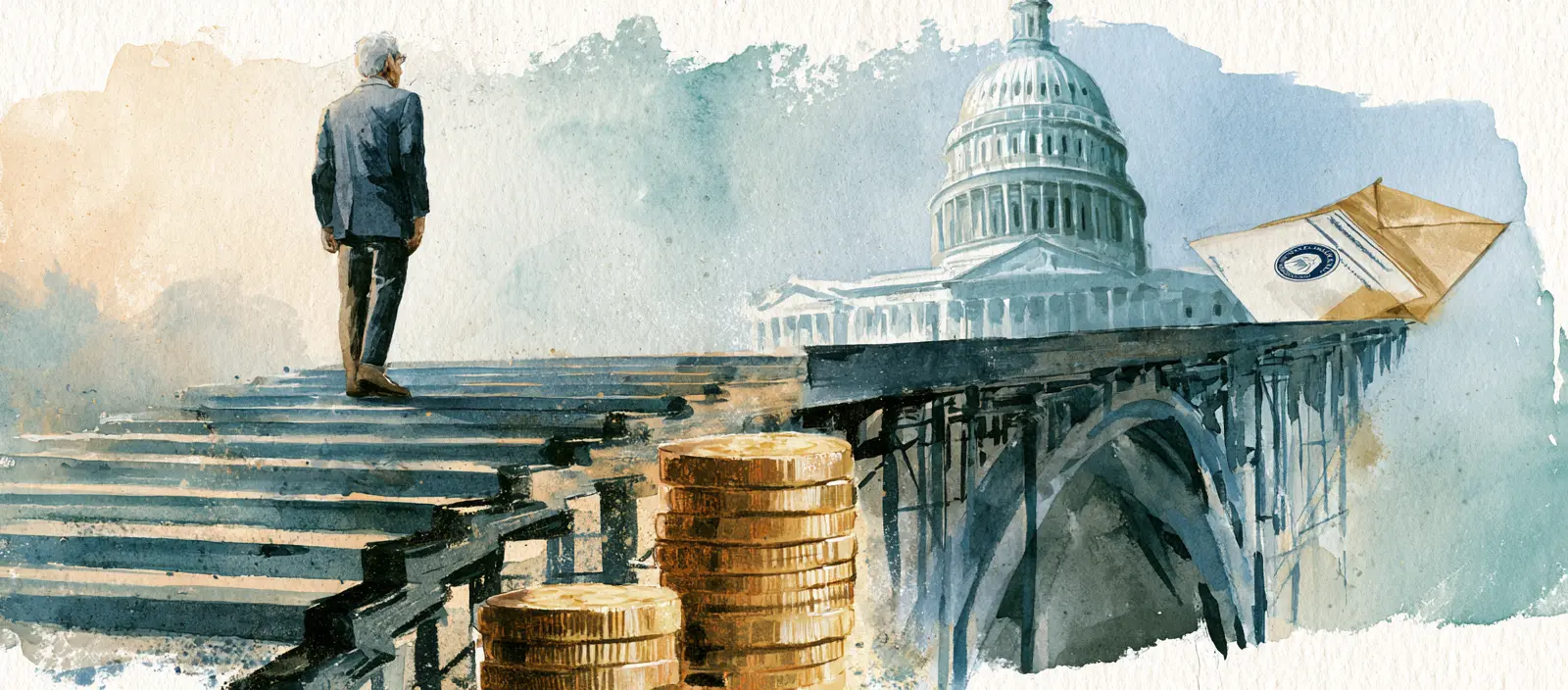 Watercolor of an older person on steps leading to a broken bridge, stacks of coins, the Capitol building, and an envelope.