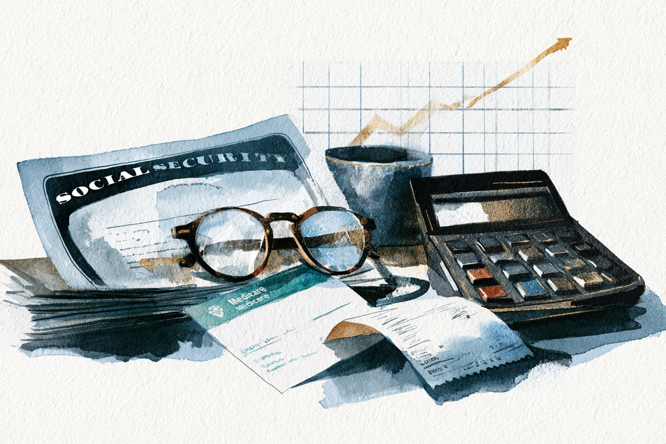 Watercolor illustration of Social Security and Medicare documents, glasses, calculator, and an upward trending graph.