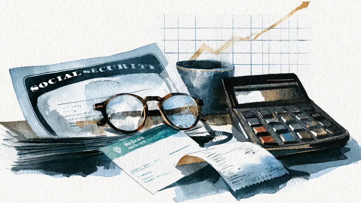 Watercolor illustration of Social Security and Medicare documents, glasses, calculator, and an upward trending graph.