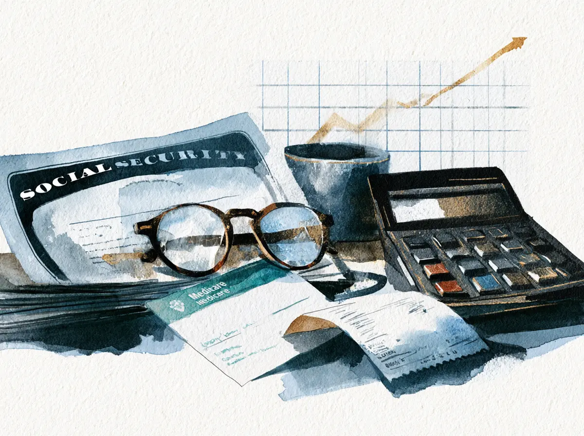 Watercolor illustration of Social Security and Medicare documents, glasses, calculator, and an upward trending graph.