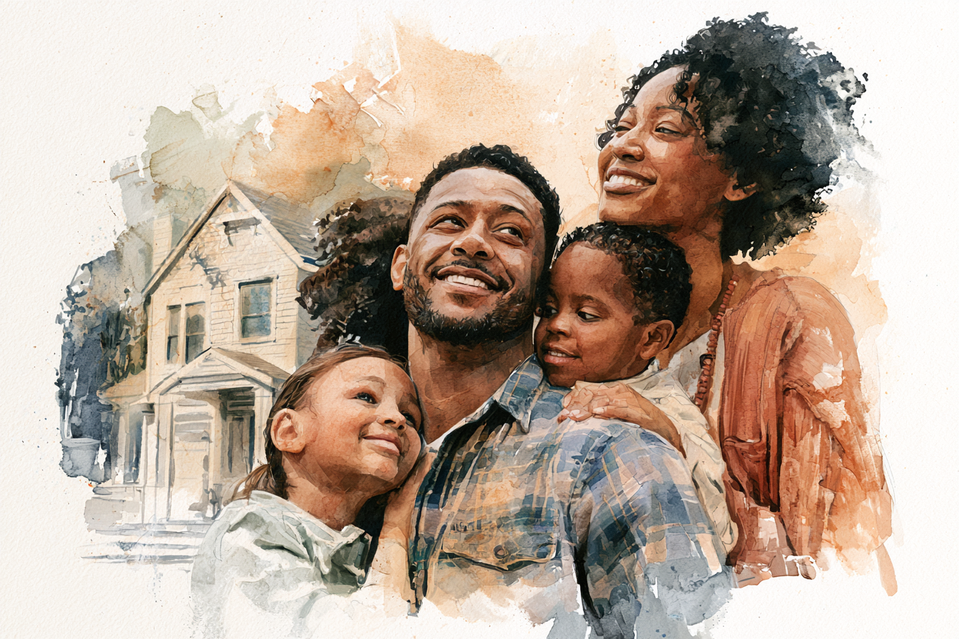 Watercolor painting of a smiling family of four, with a house in the background.