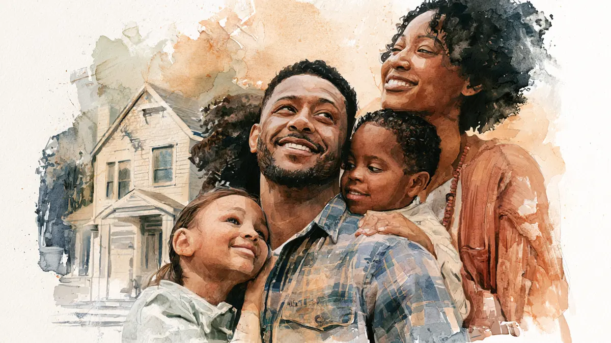Watercolor painting of a smiling family of four, with a house in the background.