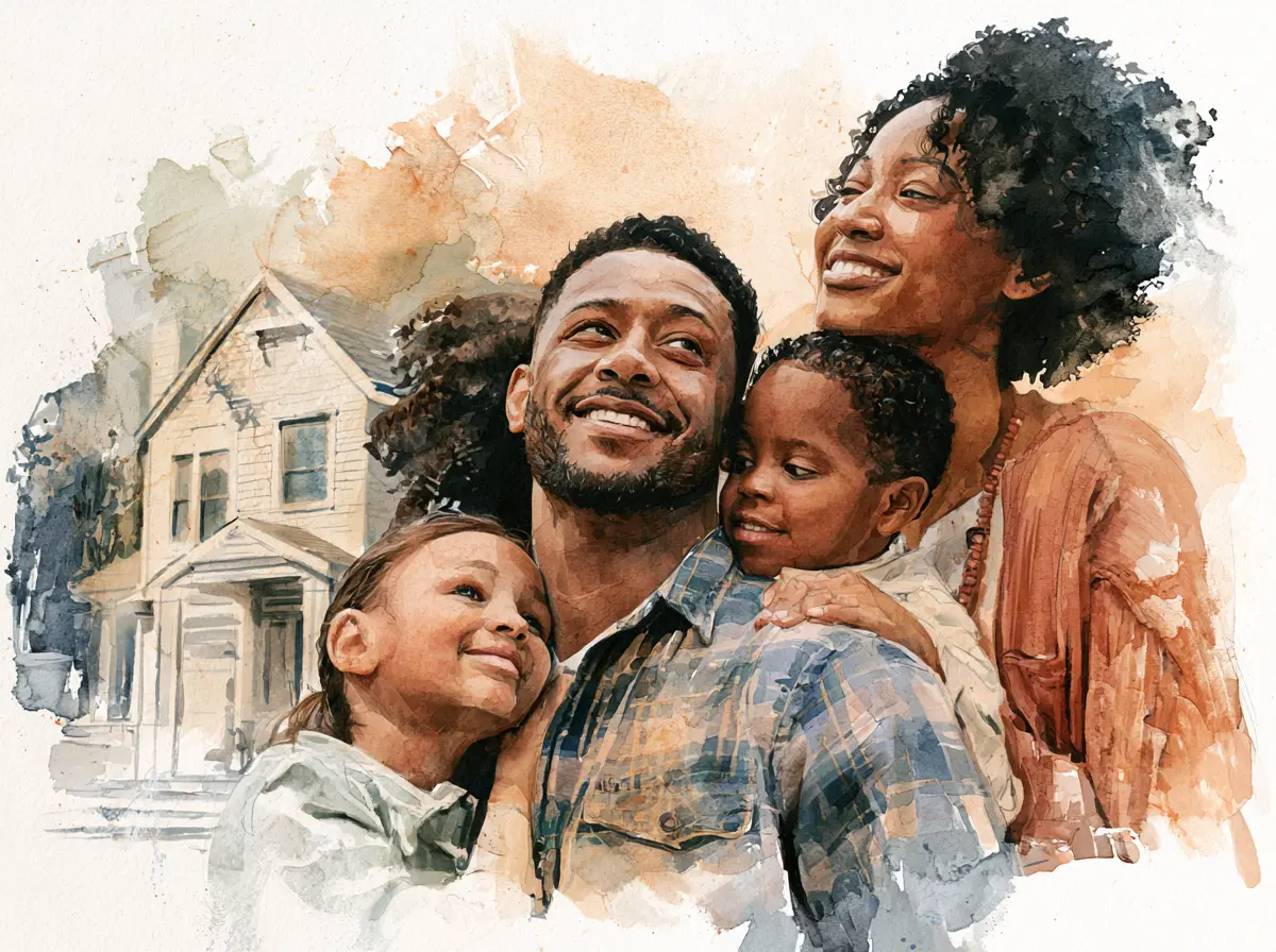 Watercolor painting of a smiling family of four, with a house in the background.