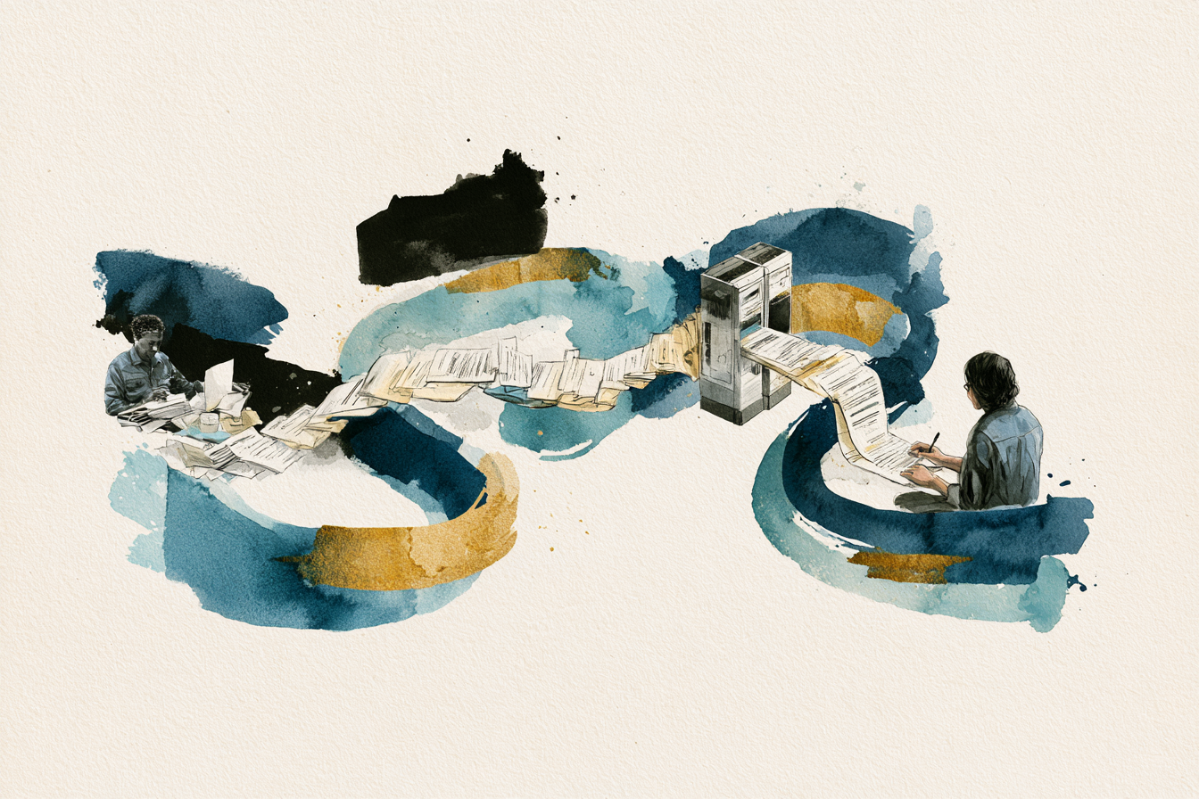 Watercolor illustration of a person at a desk with papers, a machine processing documents, and another person writing.