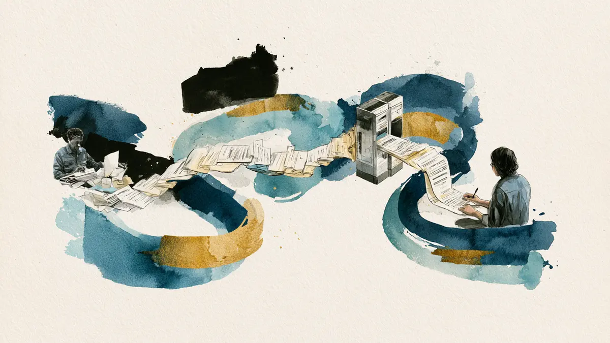 Watercolor illustration of a person at a desk with papers, a machine processing documents, and another person writing.