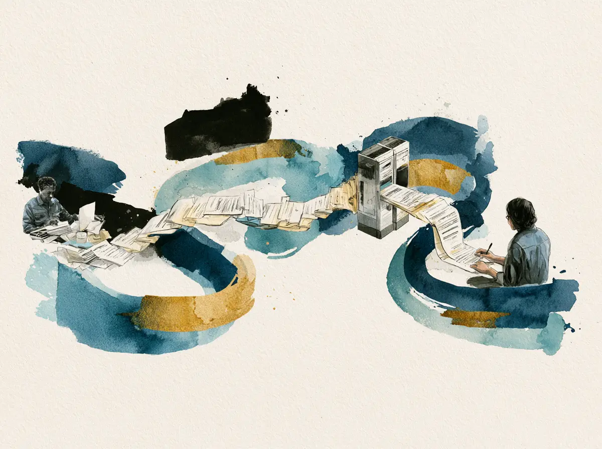 Watercolor illustration of a person at a desk with papers, a machine processing documents, and another person writing.