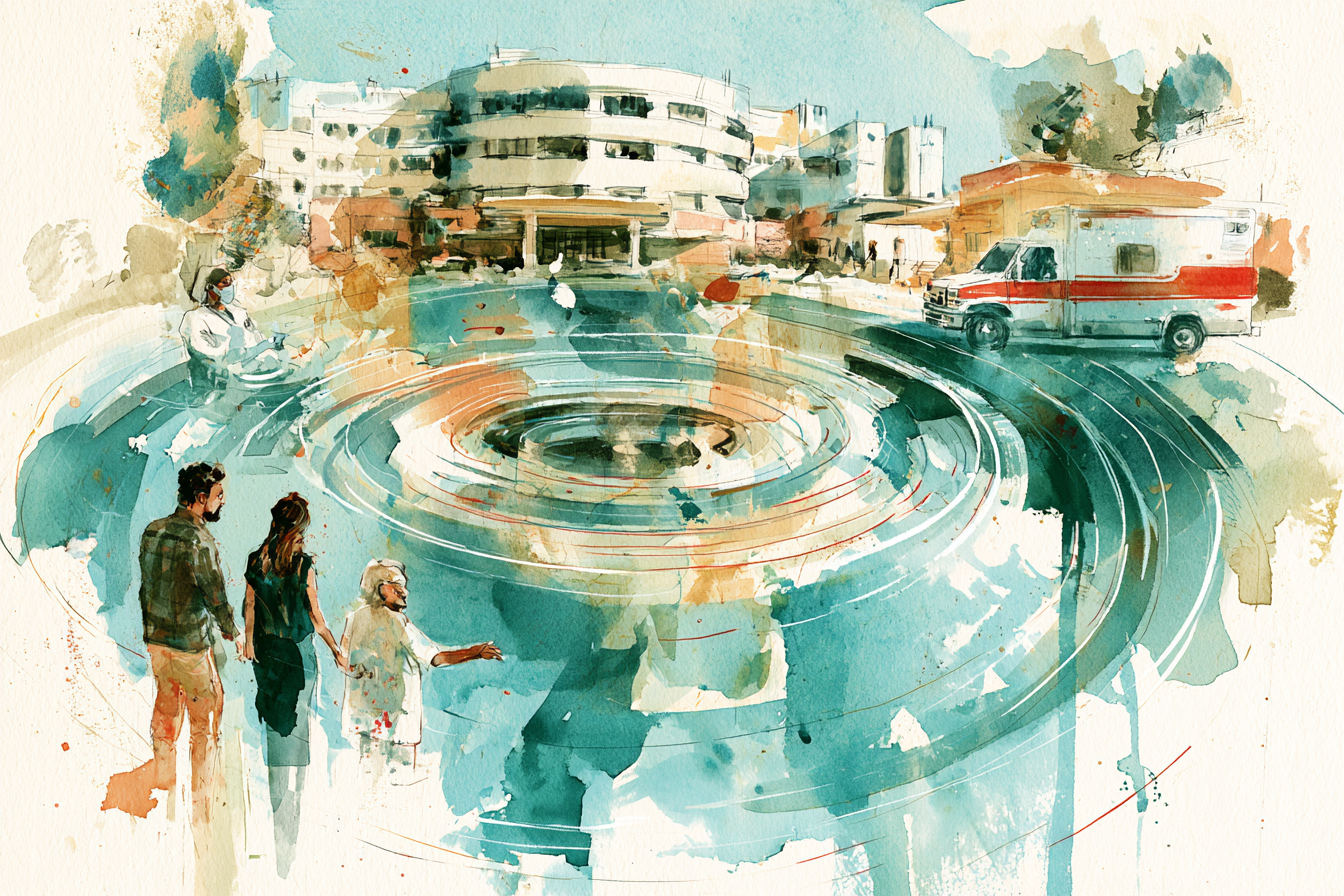 Watercolor illustration of a hospital, ambulance, and people with ripple effects in the foreground.