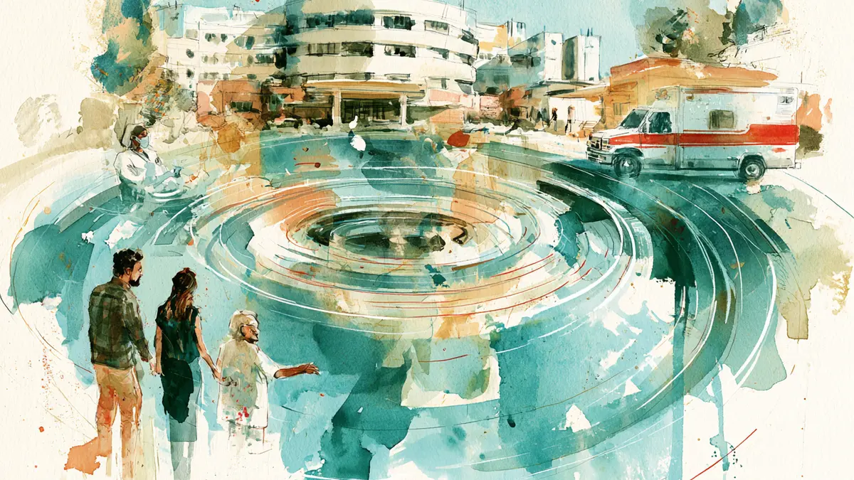 Watercolor illustration of a hospital, ambulance, and people with ripple effects in the foreground.