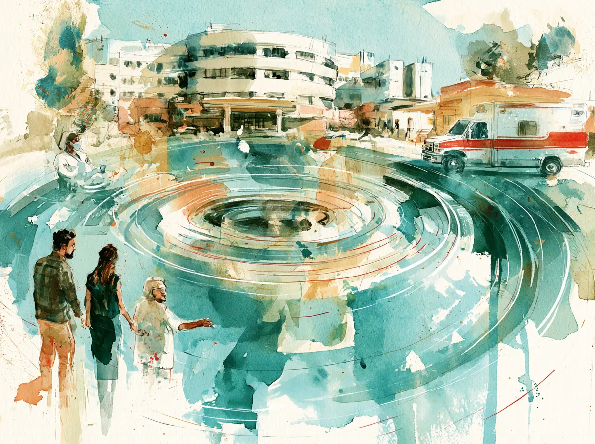 Watercolor illustration of a hospital, ambulance, and people with ripple effects in the foreground.
